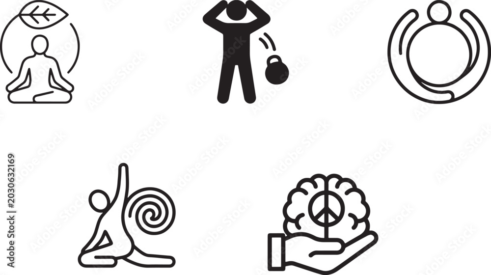 Fototapeta premium Mental Wellness Lifestyle Line Icons Set with Meditation and Self Care Symbols, Healthcare Vector Collection
