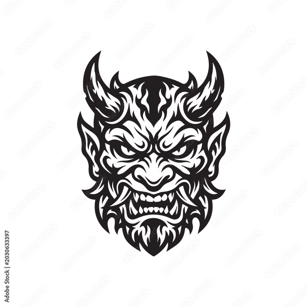 Fototapeta premium Black and White Illustration of a Fearsome Demon Oni Mask.