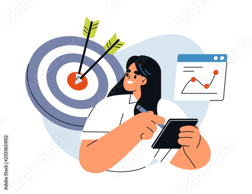 Achieving business targets, reaching audience in marketing. Aim and goal achievement, KPI and performance analysis. Sales success. Concept flat vector illustration isolated on white background