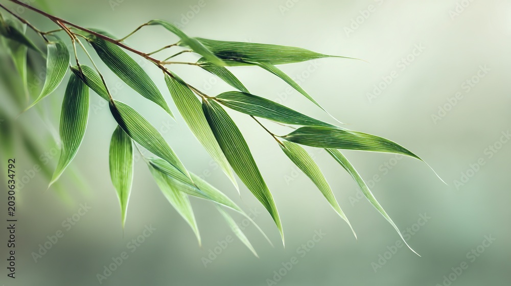Obraz premium Slender Single Bamboo Leaf Macro Close Up, Translucent Fresh Foliage View