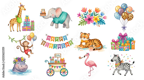 Photography Cute safari birthday collection with watercolor party animals and gifts