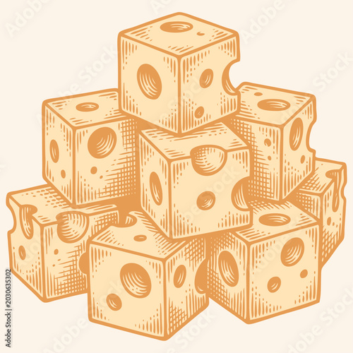 Vector illustration of a stack of cheese cubes with holes in a vintage engraved style. Orange monochrome food art for dairy market or farm design.