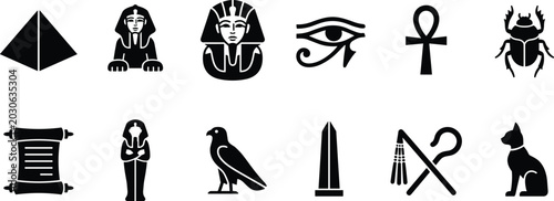 Foto Ancient Egypt themed flat black vector icon set with pyramid, pharaoh, ankh, sca
