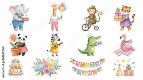 Canvas Print Cute watercolor party animals with festive birthday decorations