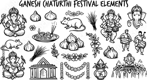 Tablou pe pânză Ganesh Chaturthi Hindu Festival Elements: Black and White Line Art Sketch of Lord Ganesha, Modak, Rat, Temple, Drums, and Devotees for Cultural Celebrations