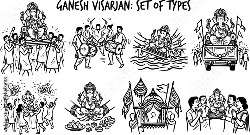 Foto Ganesh Visarjan Hindu Festival Black and White Line Art Illustrations Set
