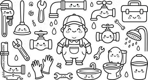 Cute plumber and plumbing tools with happy faces cartoon illustration.