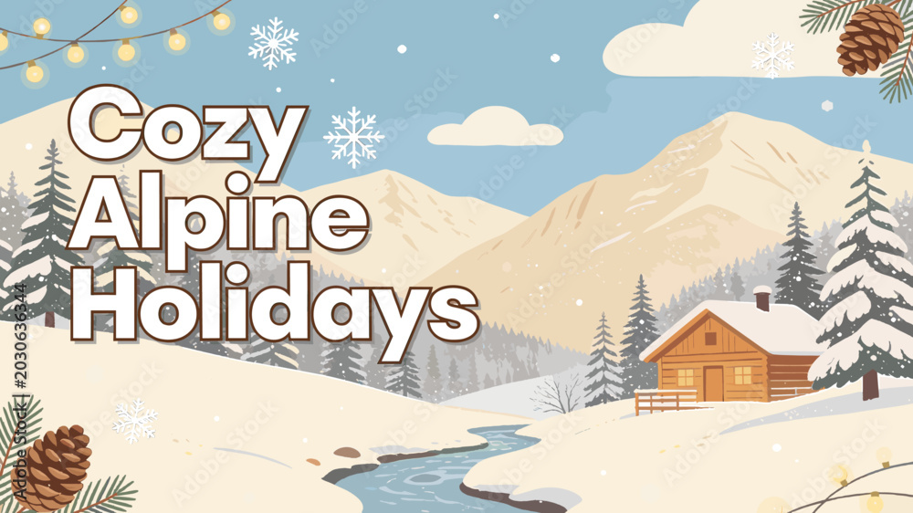 Αυτοκόλλητο Cozy Alpine Holidays: A serene winter landscape featuring a charming cabin nestled amidst snow-covered mountains and pine trees, with a winding stream and festive string lights