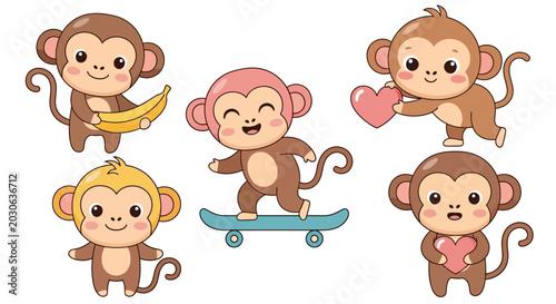 Photography Monkeys play skateboard with bananas and hearts
