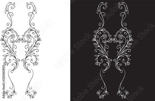Slika na platnu Symmetrical vintage floral embroidery design template for dress neckline and textile panels, featuring ornate black and white filigree patterns