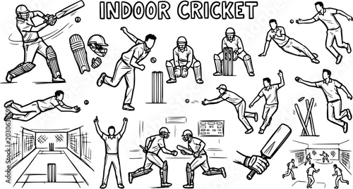 Obraz na płótnie Black and White Line Art Indoor Cricket Illustration Set