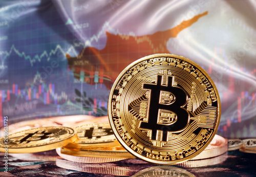 Tableau sur toile Bitcoin with Cypriot flag in the background