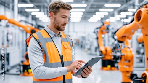 Industrial engineer using tablet in automated factory production line. Professional technician monitoring robotic manufacturing, smart industry workflow and quality control service