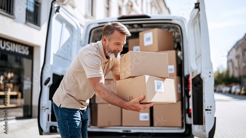 Delivery man loading cardboard boxes into cargo van for small business shipping. Male courier handling ecommerce parcels, urban logistics service and last mile delivery operation