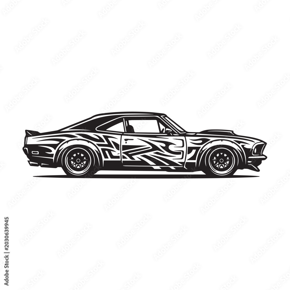 Fototapeta premium Black and white illustration of a classic muscle car with tribal decals.