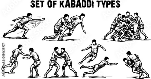 Foto Black and White Line Art Set of Kabaddi Player Poses and Actions