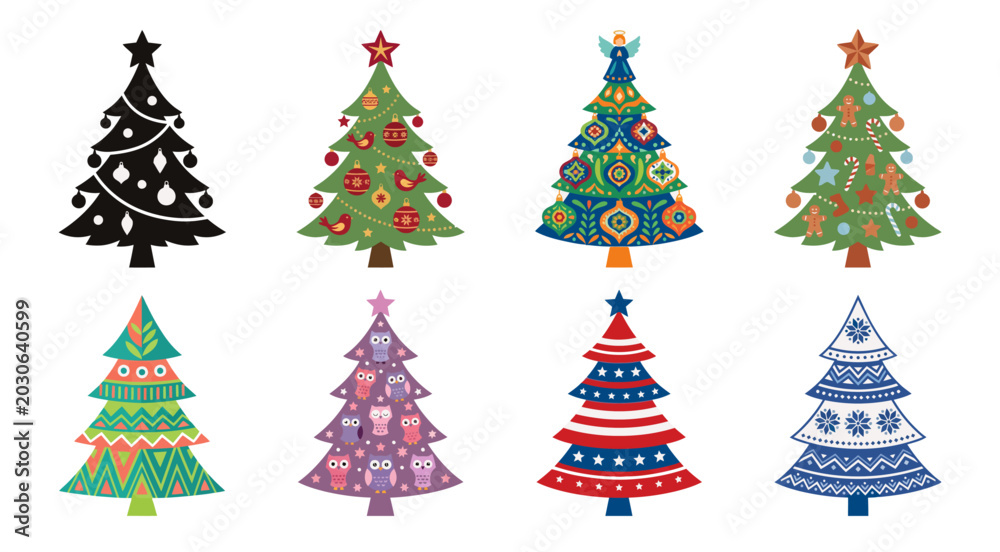 Obraz premium Collection of colorful christmas tree illustrations on transparent background