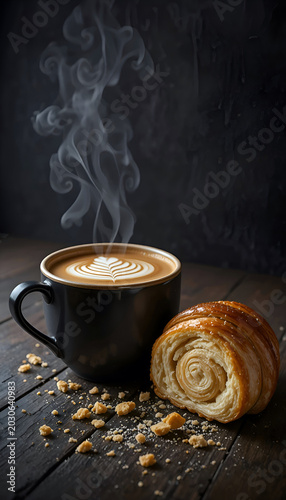 Vertical composition of hot coffee cup with latte art foam and crispy golden croissant roll, cinematic rising steam