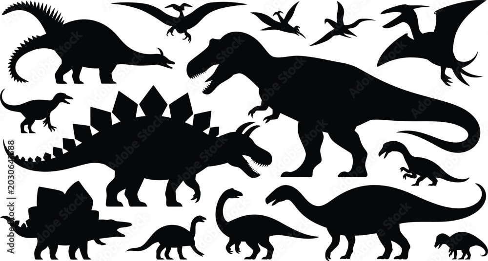 Obraz premium Collection of prehistoric dinosaur silhouettes including t-rex, stegosaurus and pterodactyls
