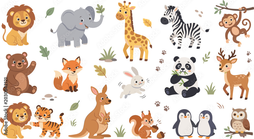Naklejka premium Cute Cartoon Wild Animal Collection Featuring Lion Elephant Giraffe Zebra Panda Kangaroo Penguin Deer Fox Monkey and Forest Wildlife Characters