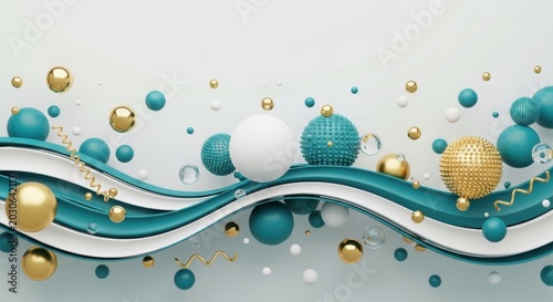 Abstract 3d background with teal and gold spheres and waves