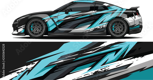 Black sports car with blue decals.