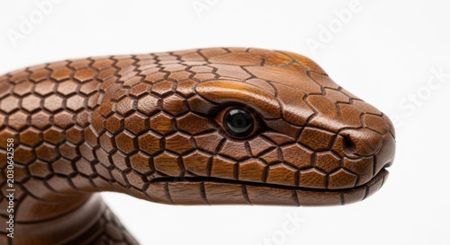 Closeup of a detailed wooden snake head carving, isolated on white background