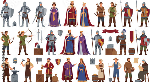 Cuadro en lienzo Medieval Character Set with Royalty Kings Queens Knights Soldiers Archers and Pe