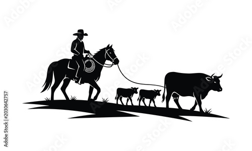 Canvas Print Cowboy herding cattle silhouette western ranch life illustration for branding an