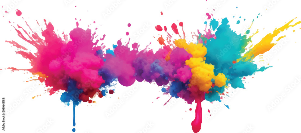 Fototapeta premium Explosion of pink yellow blue powder paint splash with color splash powder burst holi abstract art motion blur explosion abstract background energetic colorful isolated celebration