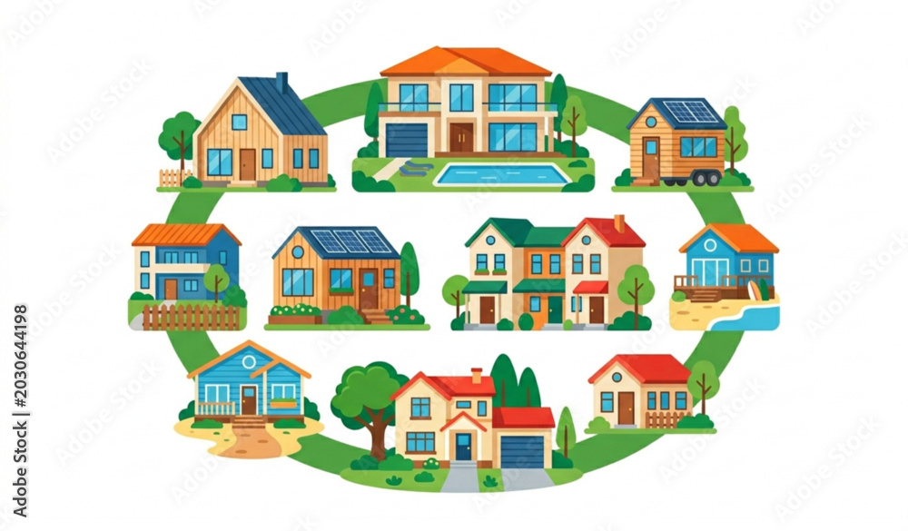 Fototapeta premium Variety of residential homes with solar panels and pool