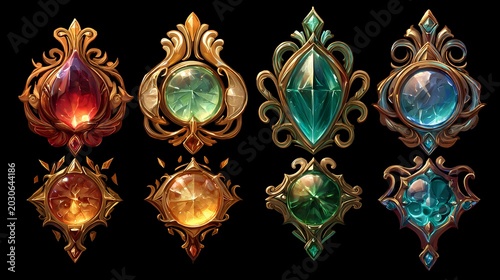 Set of ornate jewel-like emblems glowing with inner light on black background, fantasy style
