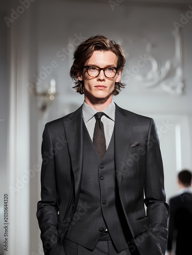 Young professional man in stylish dark gray suit and glasses posing indoors in modern setting