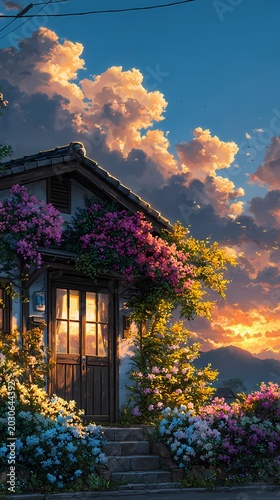 Anime style cottage adorned with blooming bougainvillea at golden hour sunset with vibrant sky