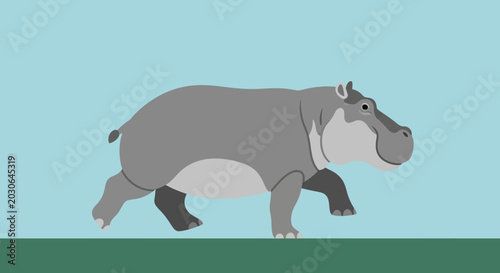 Cartoon Hippopotamus Walking on Green Grass Under Blue Sky