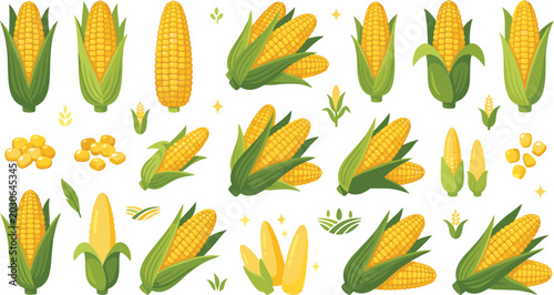 Konstfotografi Fresh Sweet Corn Cob Vector Collection with Organic Maize Vegetables Isolated fo