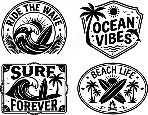 Photography Collection of four vintage manner surfing and beach themed circular rectangular badge emblems with intricate vector graphics
