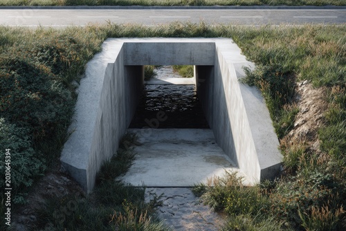 Realistic newly built concrete box culvert under rural road surrounded by grass and drainage