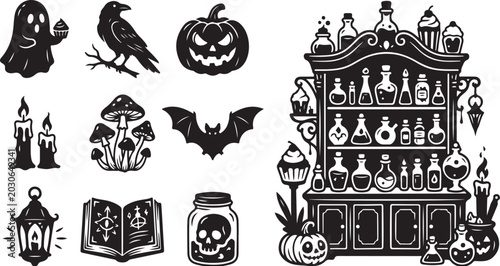 Halloween icons and symbols in black and white