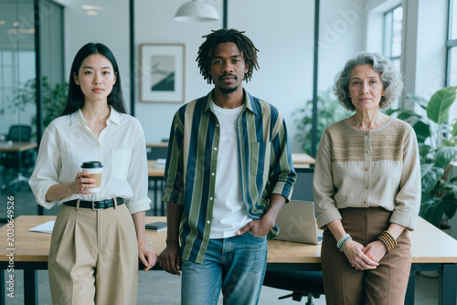 Portrait of diverse business team standing in office, representing multigenerational workplace collaboration and inclusion. Ideal for HR branding, recruitment, leadership campaigns