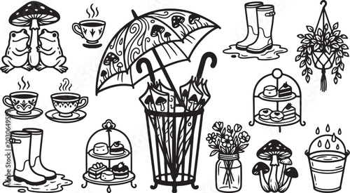 Whimsical illustration of rainy day objects and treats