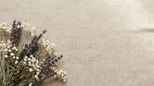 Dried Lavender and Baby's Breath on Linen Background with Copy Space