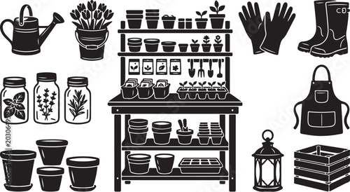 Gardening tools and supplies illustration set in black