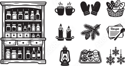 Winter Holiday Icons and Kitchen Utensils Illustration Set