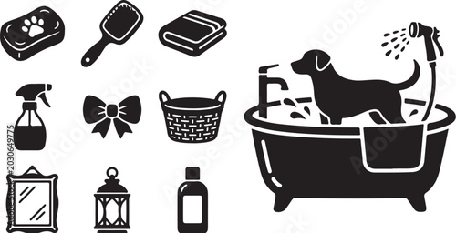 Dog Taking a Bath with Grooming Tools