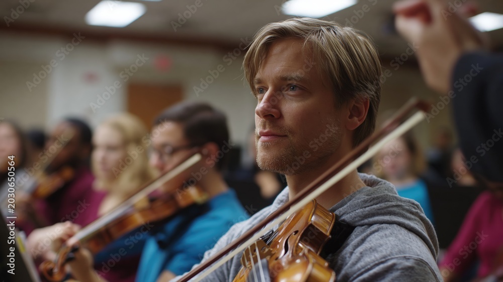 Fototapeta premium Novice string ensemble following instructor gesture during rehearsal