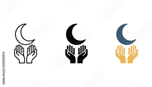 Photos Crescent moon held in hands icon set featuring line art solid black and flat col