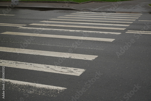 Tableau sur toile Close-Up View of a Wet Pedestrian Crosswalk with White Stripes on a Rainy Day Hi