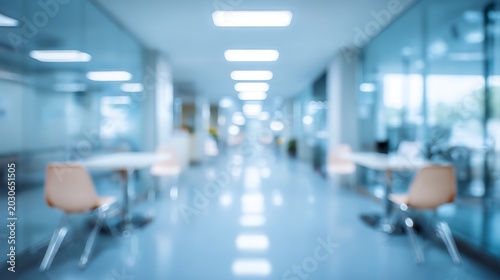 Abstract blurry background of a modern office cafeteria with tables and chairs.