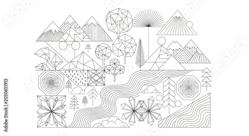 Minimalist Geometric Nature Line Art Collection. Abstract Mountains, Trees, River, and Clouds. Modern Design Elements.
